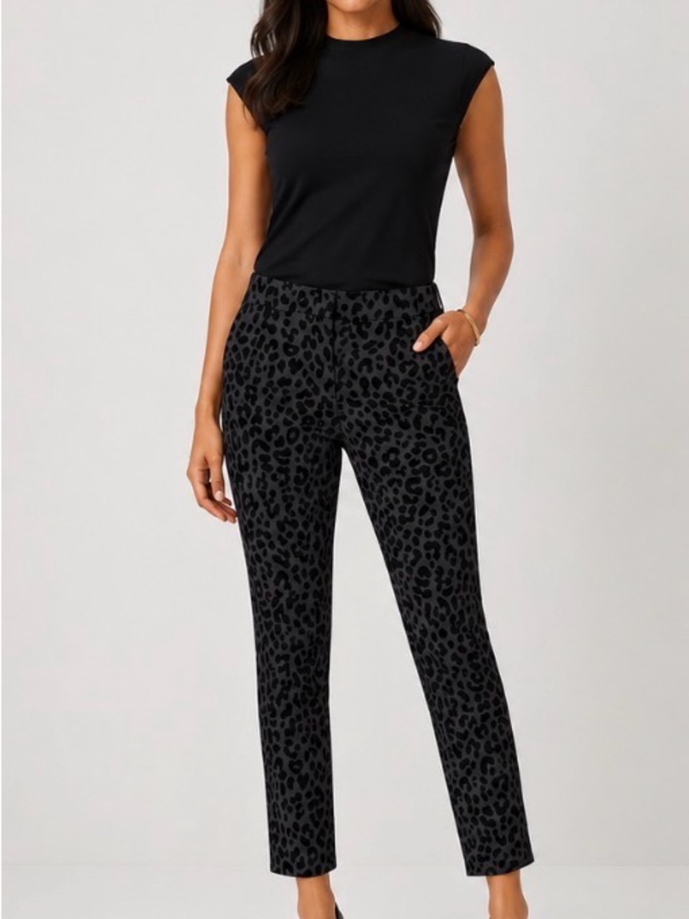 Ann Taylor Black Leopard Print Slim Ankle Pants